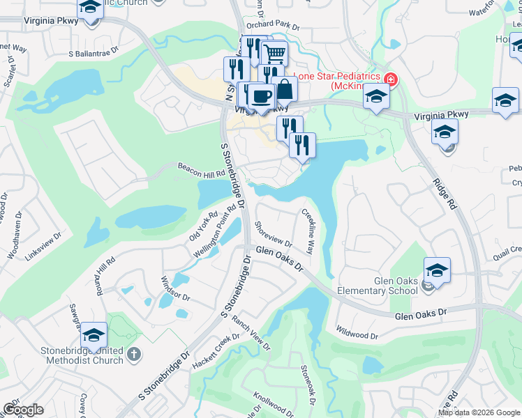 map of restaurants, bars, coffee shops, grocery stores, and more near 6909 Edgewater Drive in McKinney