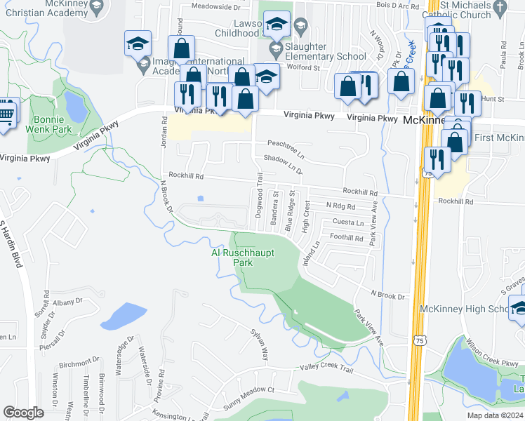 map of restaurants, bars, coffee shops, grocery stores, and more near 617 Dogwood Trail in McKinney