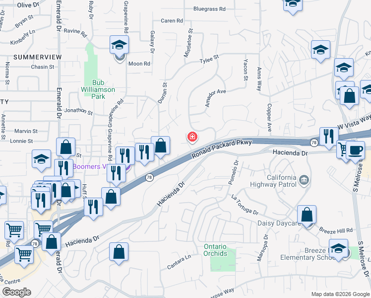 map of restaurants, bars, coffee shops, grocery stores, and more near 1255 West Vista Way in Vista