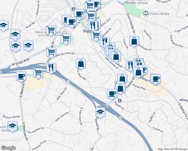 map of restaurants, bars, coffee shops, grocery stores, and more near 340 Rancho Vista Place in Vista