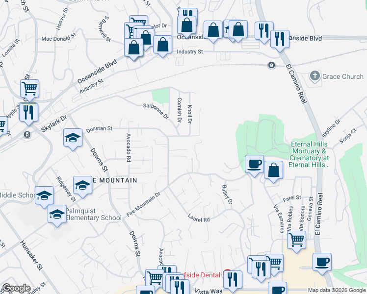 map of restaurants, bars, coffee shops, grocery stores, and more near 2536 Cornwall Street in Oceanside