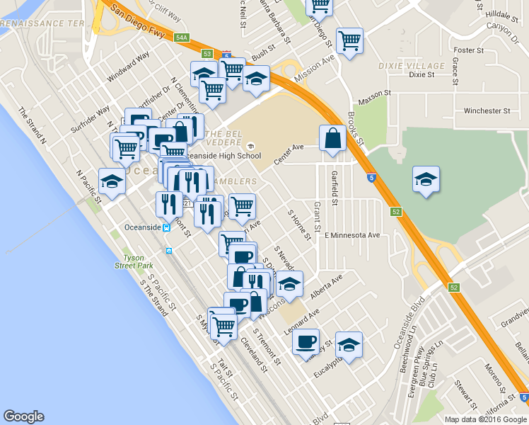 map of restaurants, bars, coffee shops, grocery stores, and more near 330 South Nevada Street in Oceanside