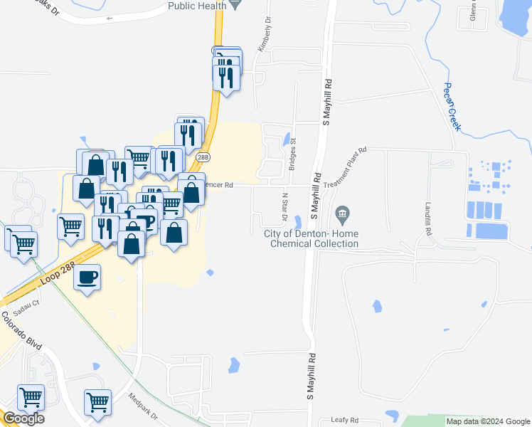 map of restaurants, bars, coffee shops, grocery stores, and more near 2874-2898 Spencer Road in Denton