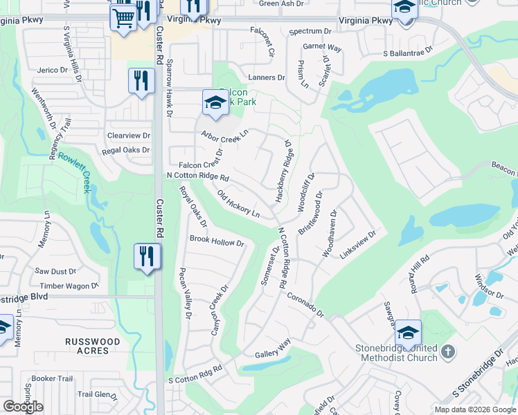 map of restaurants, bars, coffee shops, grocery stores, and more near 8293 North Cotton Ridge Road in McKinney
