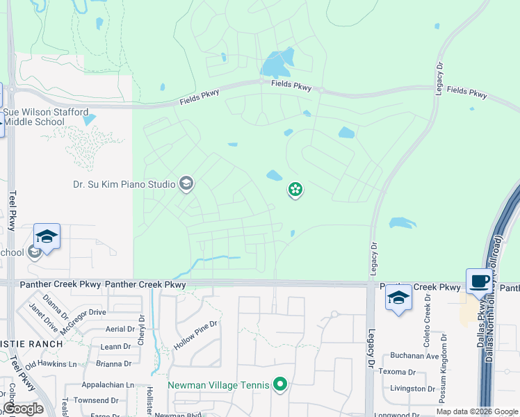 map of restaurants, bars, coffee shops, grocery stores, and more near Panther Creek Parkway in Frisco