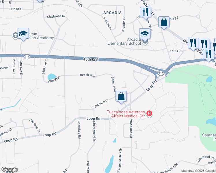 map of restaurants, bars, coffee shops, grocery stores, and more near 39 Beech Hills Drive in Tuscaloosa