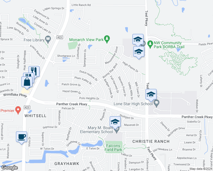 map of restaurants, bars, coffee shops, grocery stores, and more near 13899 Badger Creek Drive in Frisco