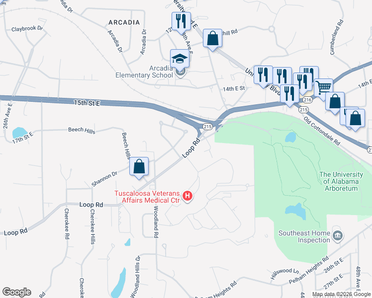 map of restaurants, bars, coffee shops, grocery stores, and more near 3730 Loop Road in Tuscaloosa