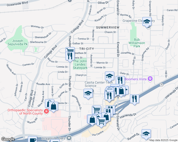 map of restaurants, bars, coffee shops, grocery stores, and more near 2051 Date Street in Vista