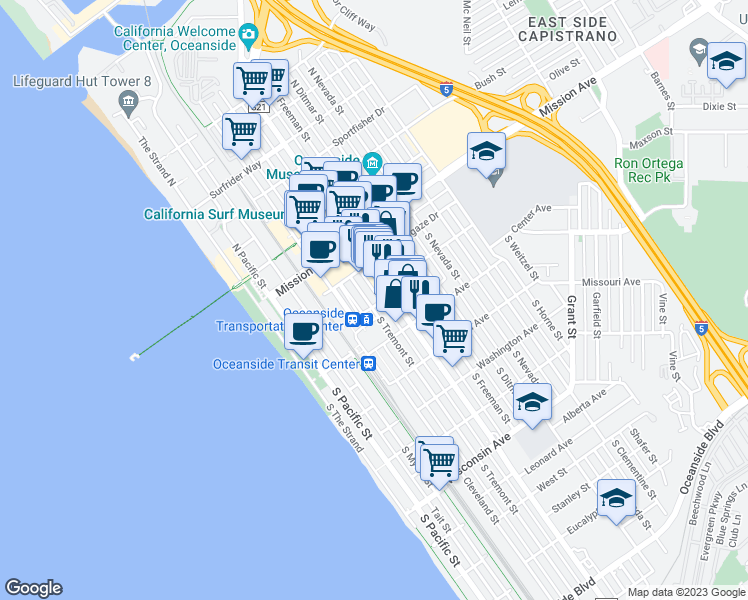 map of restaurants, bars, coffee shops, grocery stores, and more near 406 Topeka Street in Oceanside