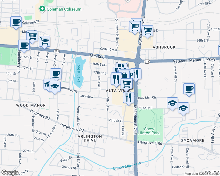 map of restaurants, bars, coffee shops, grocery stores, and more near 1819 5th Avenue East in Tuscaloosa