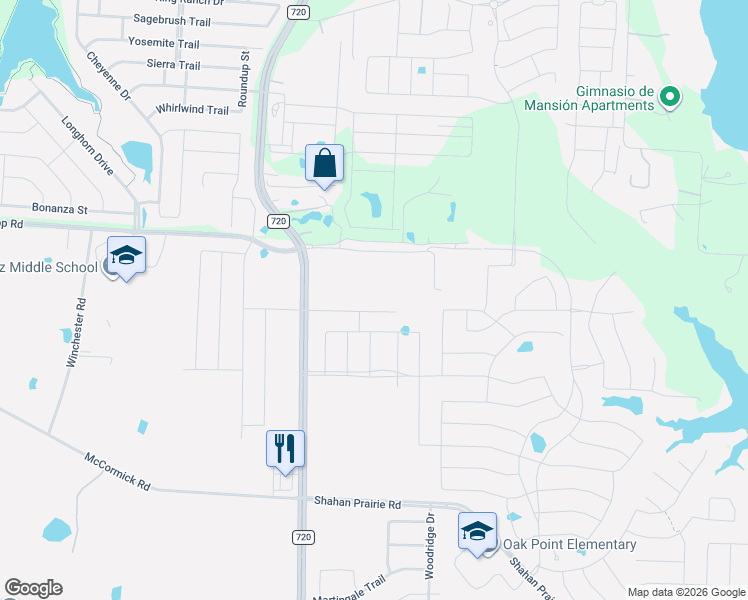 map of restaurants, bars, coffee shops, grocery stores, and more near 3297 Farm to Market Road 720 in Oak Point