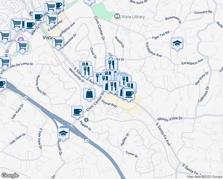 map of restaurants, bars, coffee shops, grocery stores, and more near 930 S Santa Fe Ave in Vista