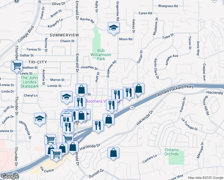 map of restaurants, bars, coffee shops, grocery stores, and more near 214 Bay Laurel Court in Vista