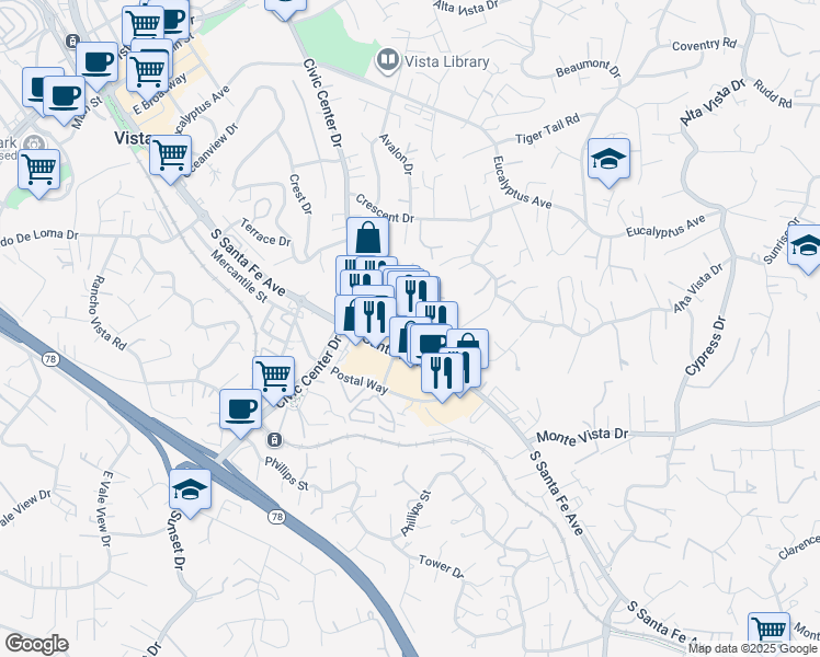 map of restaurants, bars, coffee shops, grocery stores, and more near 960 South Santa Fe Avenue in Vista