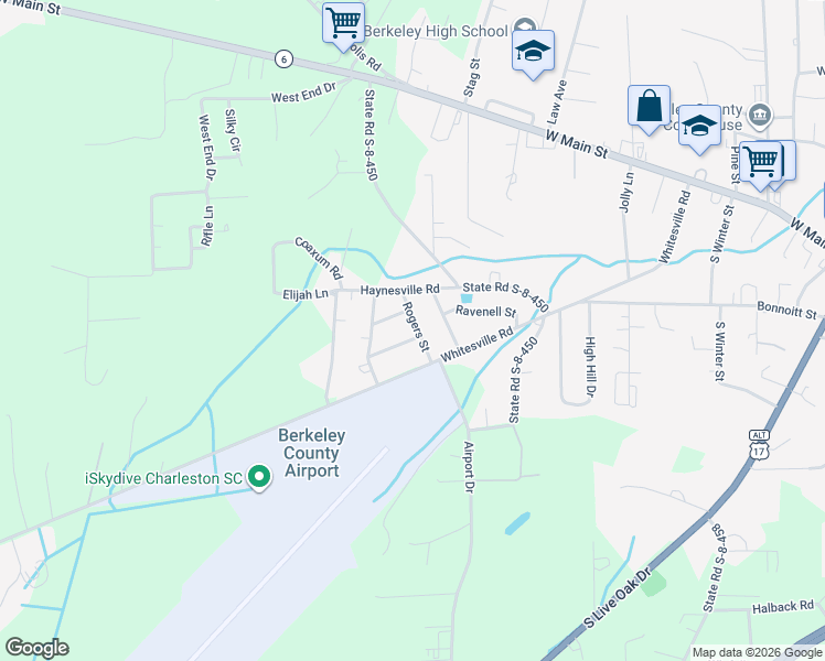 map of restaurants, bars, coffee shops, grocery stores, and more near 107 Center Street in Moncks Corner