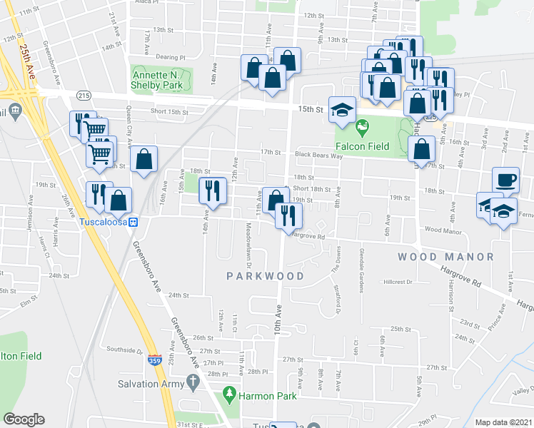 map of restaurants, bars, coffee shops, grocery stores, and more near 1919 11th Avenue in Tuscaloosa