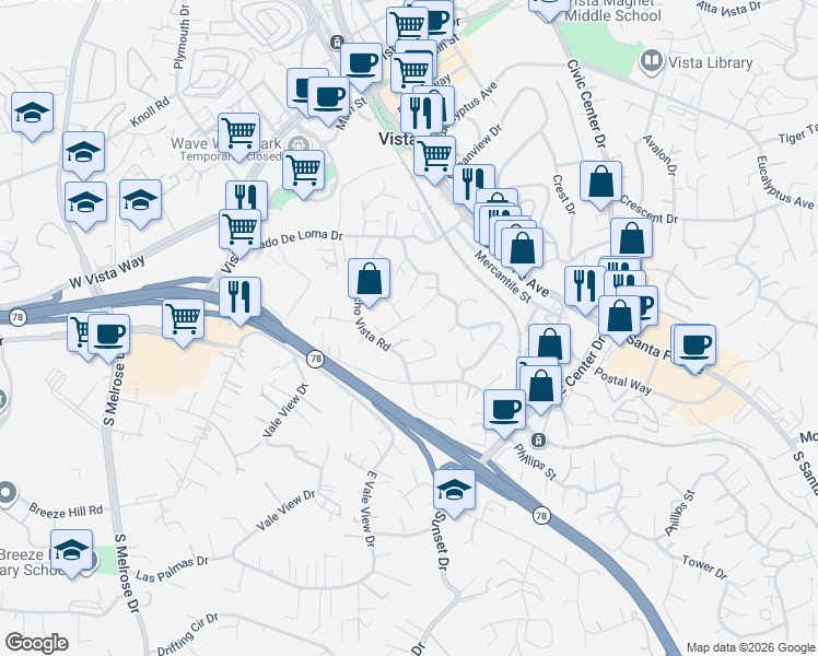 map of restaurants, bars, coffee shops, grocery stores, and more near 340 Rancho Vista Place in Vista