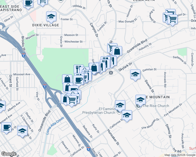 map of restaurants, bars, coffee shops, grocery stores, and more near 1910 Oceanside Boulevard in Oceanside