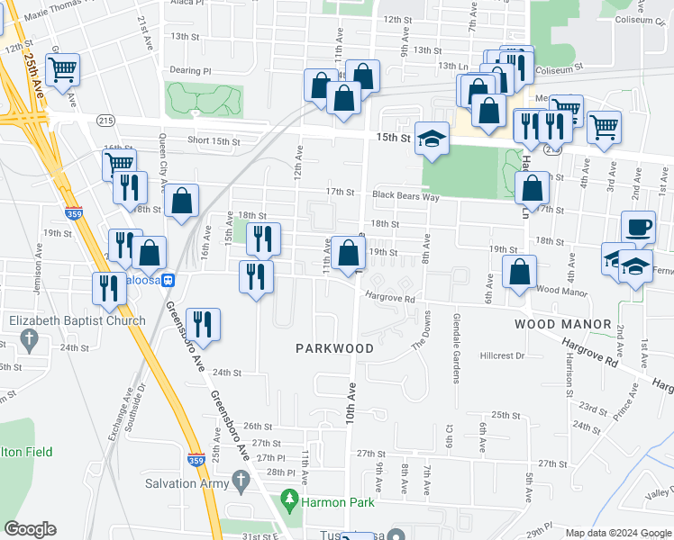 map of restaurants, bars, coffee shops, grocery stores, and more near 1003 Hargrove Road in Tuscaloosa