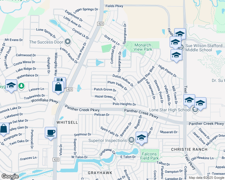 map of restaurants, bars, coffee shops, grocery stores, and more near 1383 Patch Grove Drive in Frisco