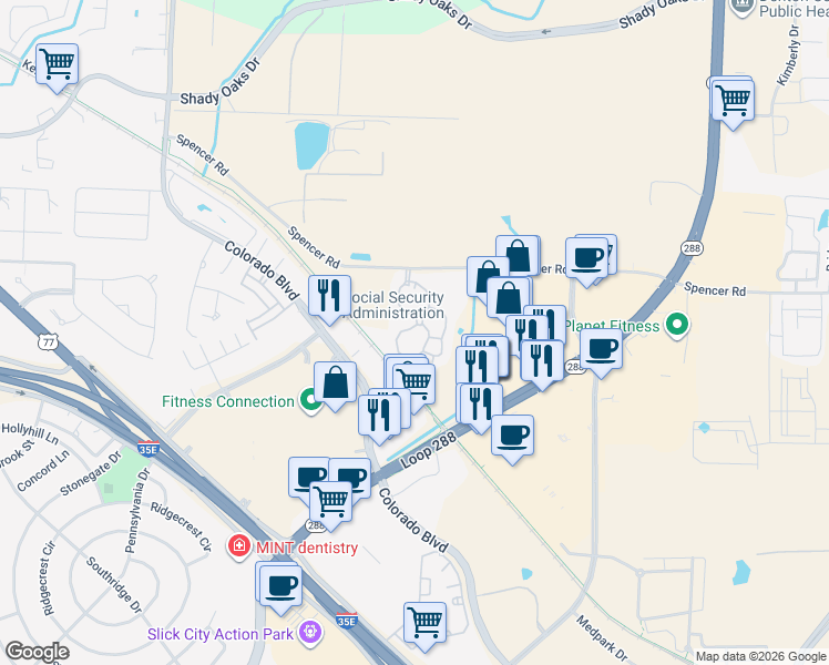 map of restaurants, bars, coffee shops, grocery stores, and more near 2100 Spencer Road in Denton