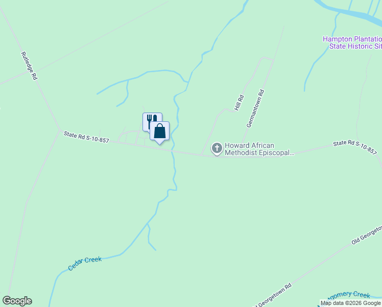 map of restaurants, bars, coffee shops, grocery stores, and more near 2100-2124 Rutledge Road in McClellanville