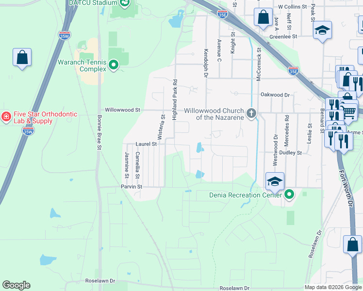 map of restaurants, bars, coffee shops, grocery stores, and more near 2111 Highland Park Road in Denton