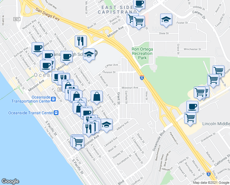 map of restaurants, bars, coffee shops, grocery stores, and more near 421 South Weitzel Street in Oceanside