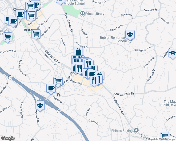 map of restaurants, bars, coffee shops, grocery stores, and more near 966 South Santa Fe Avenue in Vista