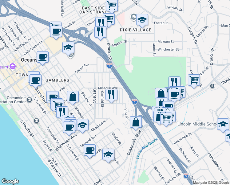 map of restaurants, bars, coffee shops, grocery stores, and more near 513 Rockledge Street in Oceanside