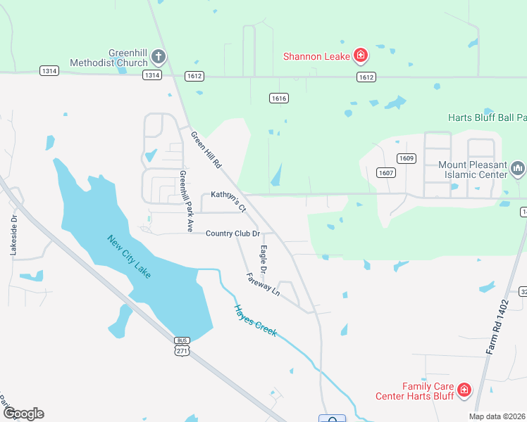 map of restaurants, bars, coffee shops, grocery stores, and more near 2610 Farm to Market Road 2152 in Mount Pleasant