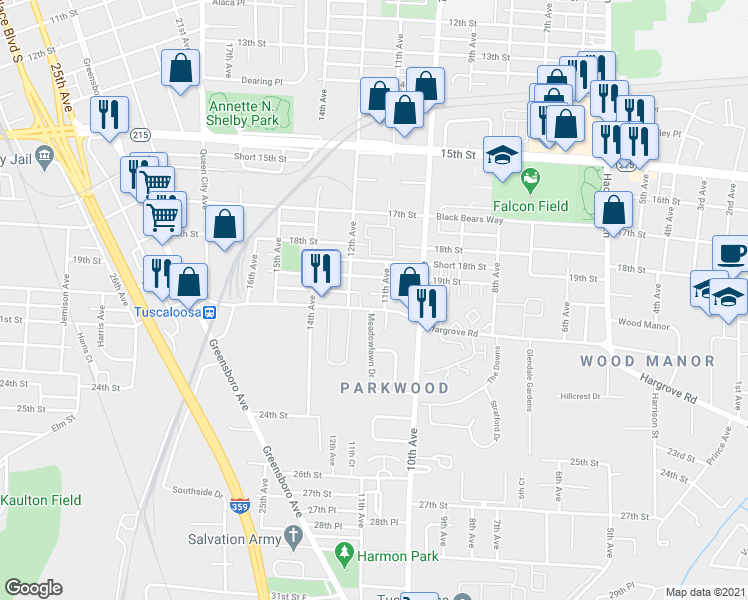 map of restaurants, bars, coffee shops, grocery stores, and more near 1910 11th Avenue in Tuscaloosa