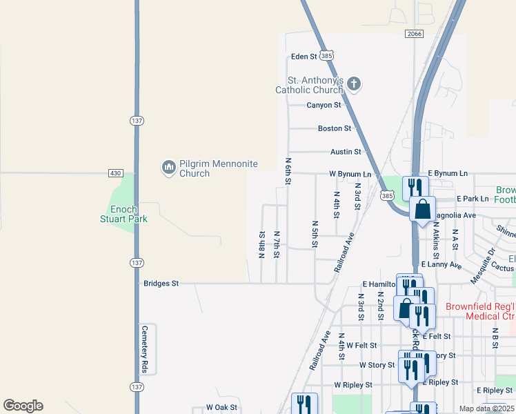 map of restaurants, bars, coffee shops, grocery stores, and more near 1326 North 8th Street in Brownfield
