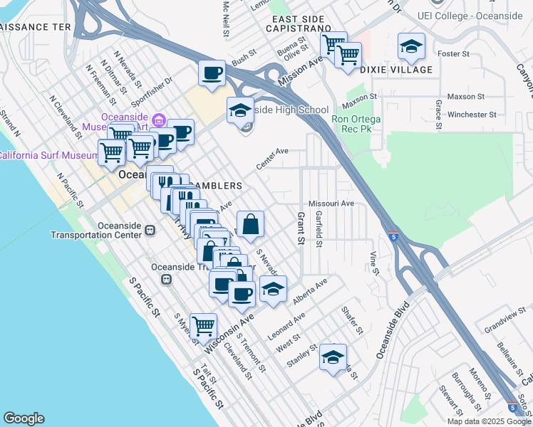 map of restaurants, bars, coffee shops, grocery stores, and more near 403 South Horne Street in Oceanside