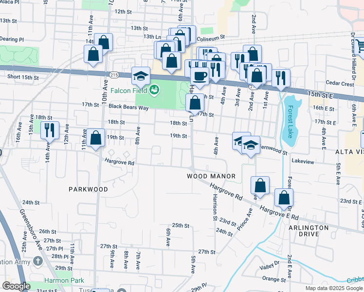 map of restaurants, bars, coffee shops, grocery stores, and more near 528 Avalon Place in Tuscaloosa