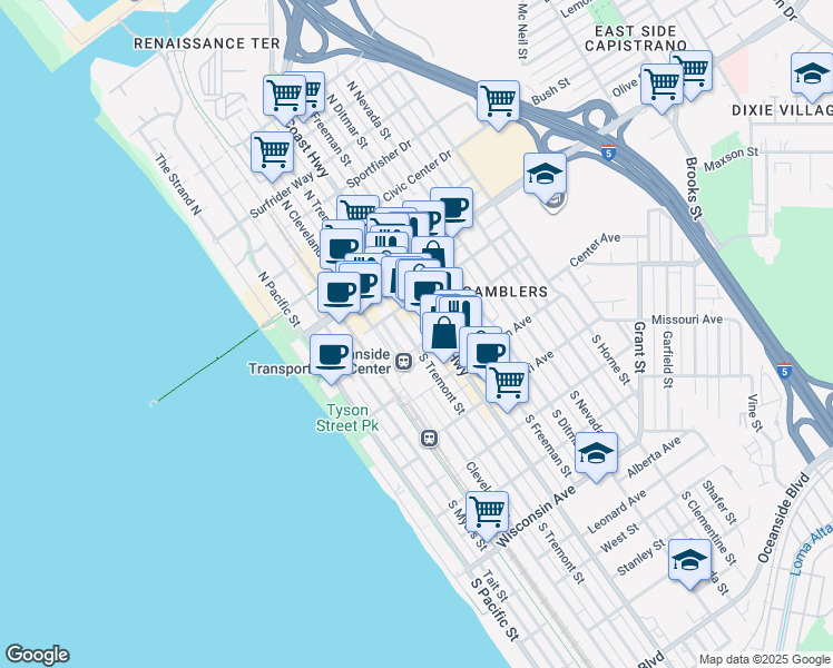 map of restaurants, bars, coffee shops, grocery stores, and more near 205 South Coast Highway in Oceanside
