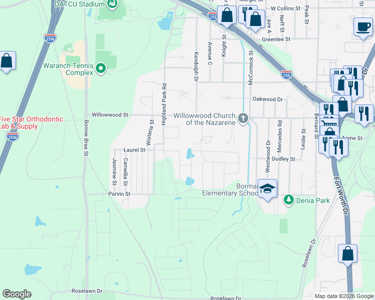 map of restaurants, bars, coffee shops, grocery stores, and more near 2111 Highland Park Road in Denton