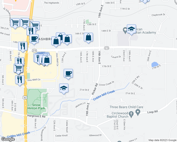 map of restaurants, bars, coffee shops, grocery stores, and more near 1719 17th Avenue East in Tuscaloosa