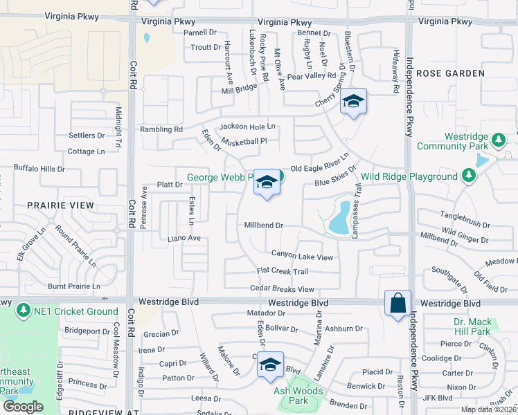 map of restaurants, bars, coffee shops, grocery stores, and more near 10550 Millbend Drive in McKinney