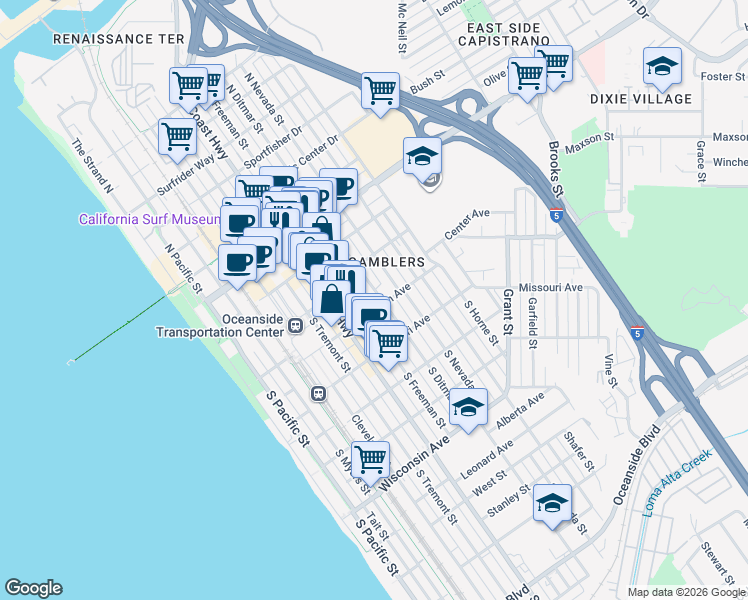 map of restaurants, bars, coffee shops, grocery stores, and more near 235 South Ditmar Street in Oceanside