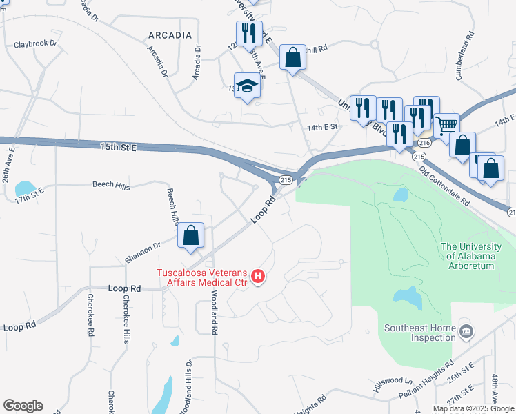 map of restaurants, bars, coffee shops, grocery stores, and more near in Tuscaloosa
