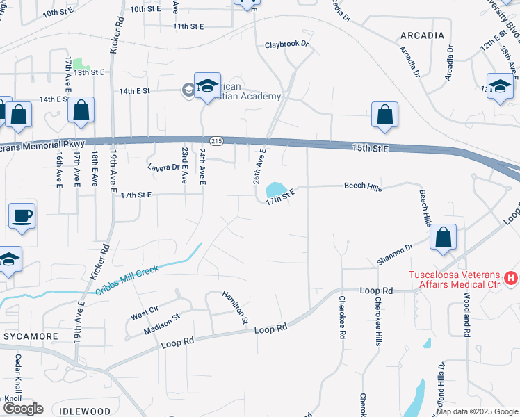 map of restaurants, bars, coffee shops, grocery stores, and more near 1 18th Pl E in Tuscaloosa