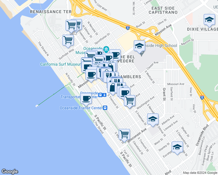 map of restaurants, bars, coffee shops, grocery stores, and more near 133 South Coast Highway in Oceanside