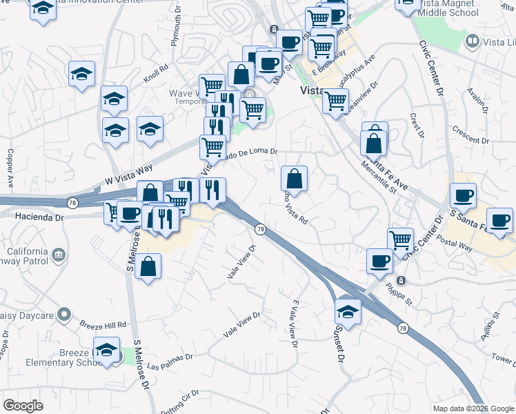 map of restaurants, bars, coffee shops, grocery stores, and more near 493 Bandini Place in Vista
