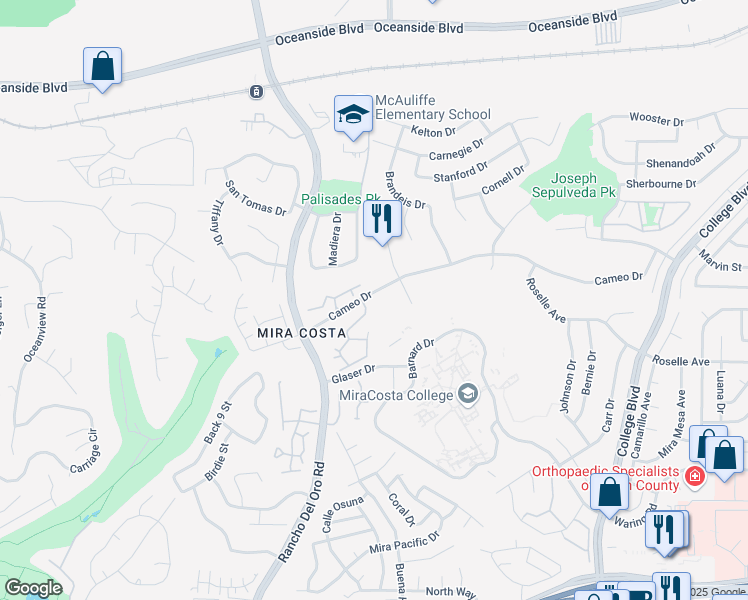 map of restaurants, bars, coffee shops, grocery stores, and more near 3679 Cameo Drive in Oceanside