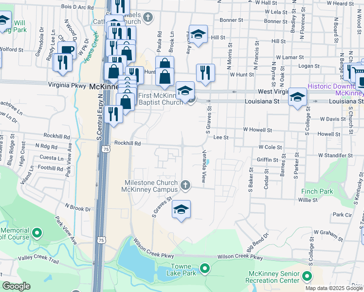 map of restaurants, bars, coffee shops, grocery stores, and more near 500 South Graves Street in McKinney