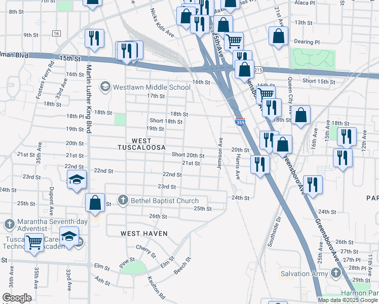 map of restaurants, bars, coffee shops, grocery stores, and more near 2693 20th Street in Tuscaloosa