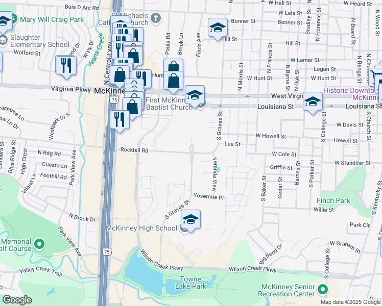map of restaurants, bars, coffee shops, grocery stores, and more near 1701 Rockhill Road in McKinney