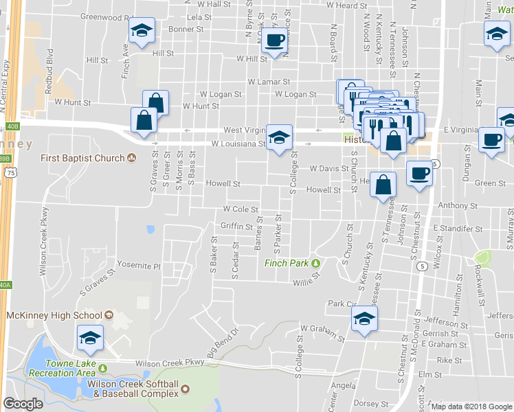 map of restaurants, bars, coffee shops, grocery stores, and more near 504 South Barnes Street in McKinney